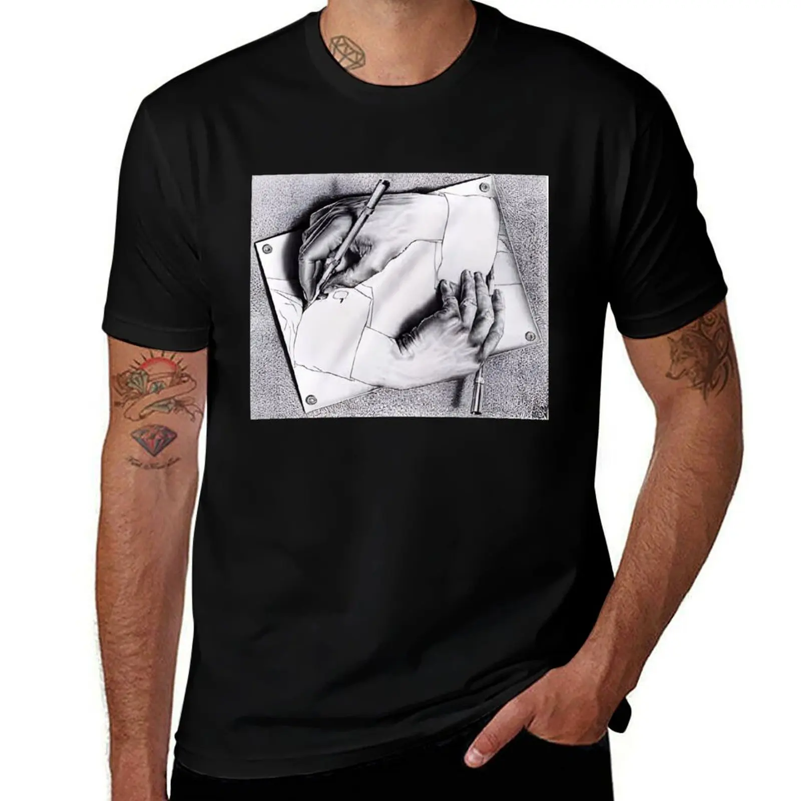 Drawing Hands by M.C. Escher T-Shirt Casual Loose Short Sleeve Tee for Men T-Shirt