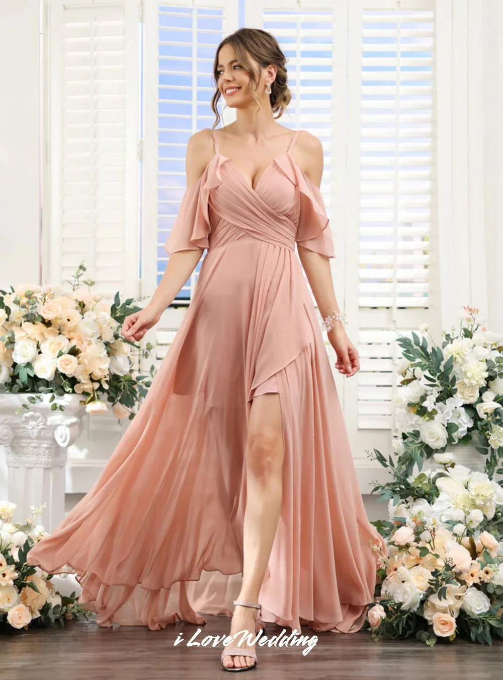 

Pink Spaghetti-Strap Bridesmaid Dresses 2025 Chiffon V-Neck Ruffles A-Line Split Floor-Length Wedding Guest Dresses Customized