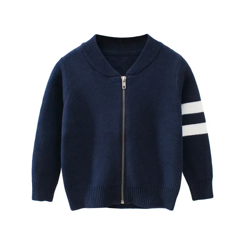 Children\'s Clothing 2024 Winter New Boys Sweaters Casual Long Sleeve V-Neck Knit Sweater Cardigan Warm Stripe Zipper Kids Coats