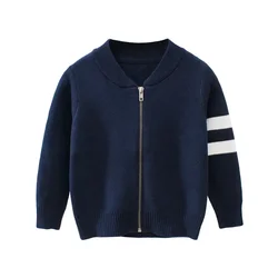 Children's Clothing 2024 Winter New Boys Sweaters Casual Long Sleeve V-Neck Knit Sweater Cardigan Warm Stripe Zipper Kids Coats