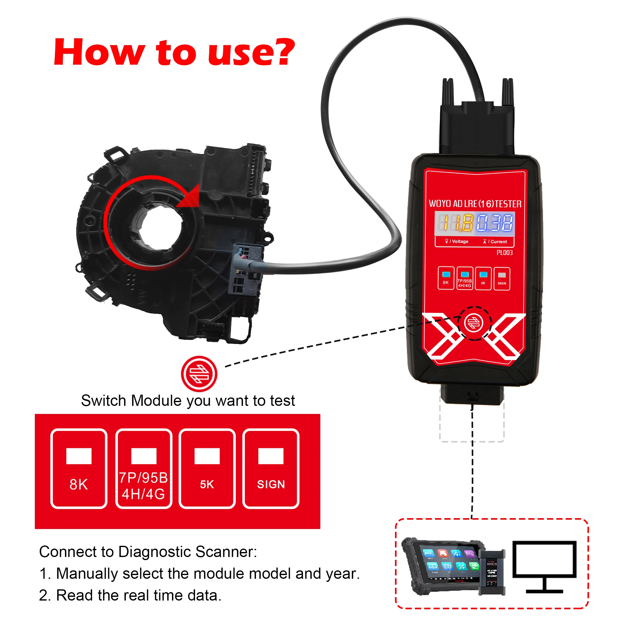 WOYO PL003 Dla AUDI LRE 16 4G/8K/4H Tester czujnika kąta układu kierowniczego, sprężyna śrubowa z elektronicznym detektorem na ławce Auto Diagnostic