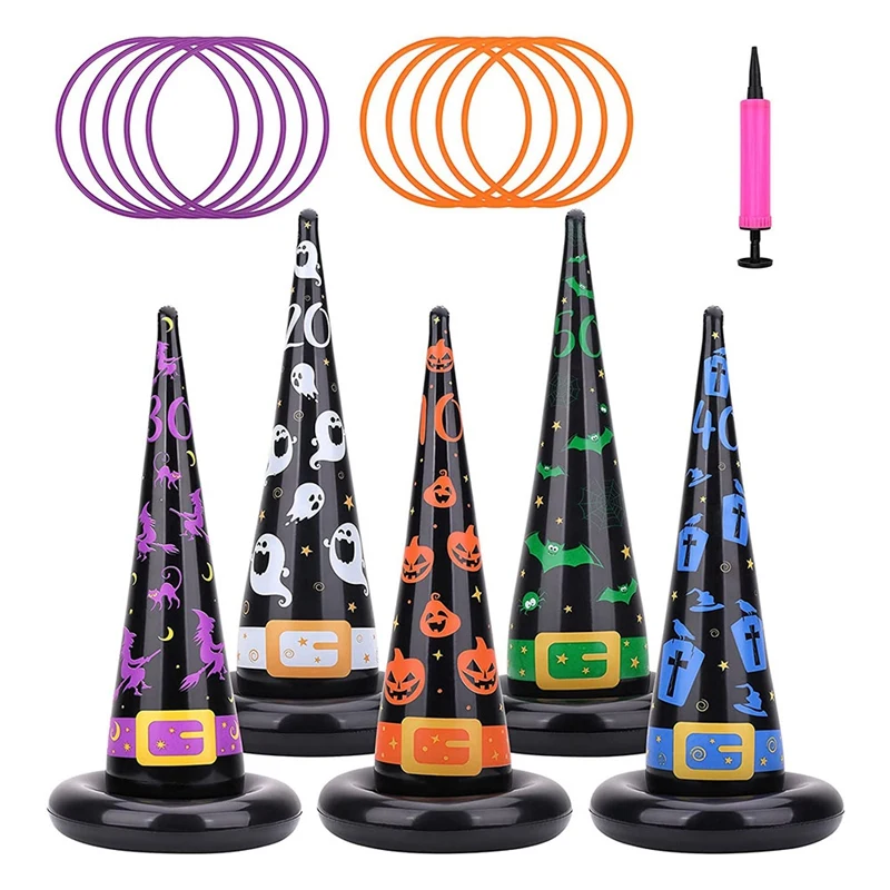 

Halloween Party Toys Games, Inflatable Witch Hat Ring Toss Game With Points, Plastic Ring Toss, Air Pump