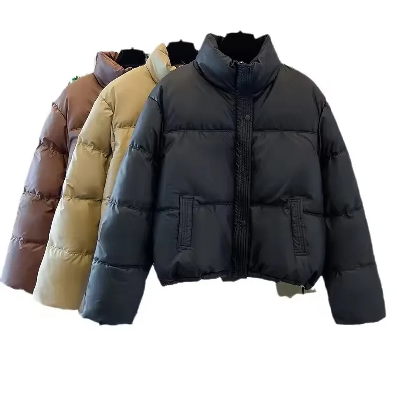 Winter Frauen Kurze Puffer Jacke 2025, Neue Stehkragen Parkas Weibliche Beiläufige Lose Warme Qulited Mantel Zipper Langarm Mantel