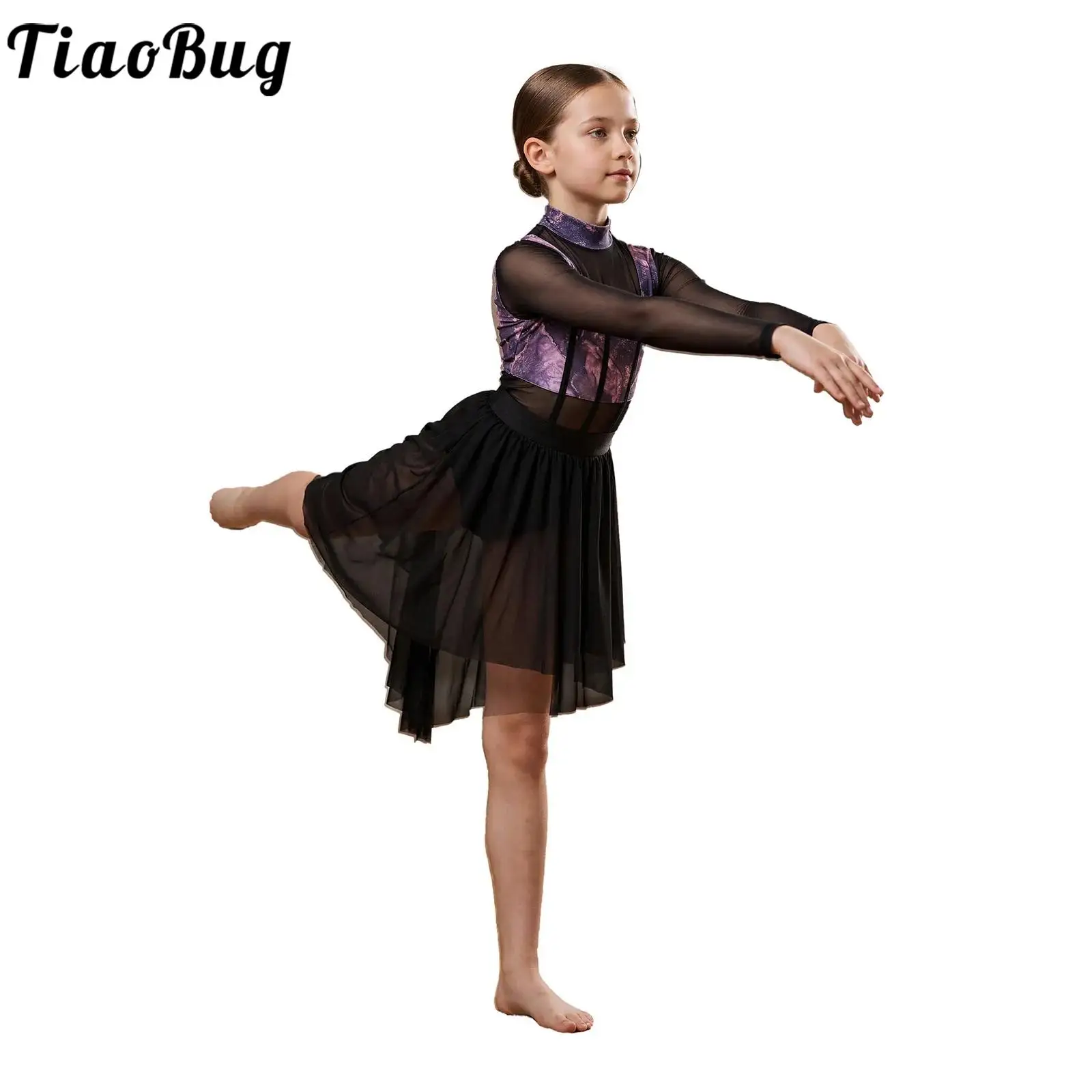 Girls Lyrical Ballet Dance Dress Latin Jazz Tango Salsa Costume Long Sleeve Print Asymmetrical Hem Mesh Dress Gymnastics Leotard