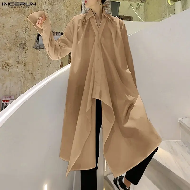 INCERUN الرجال نمط طويل قميص الصلبة التلبيب كم طويل زر الدانتيل يصل الرجال الملابس فضفاضة الشارع الشهير موضة الذكور غير النظامية القمصان #1
