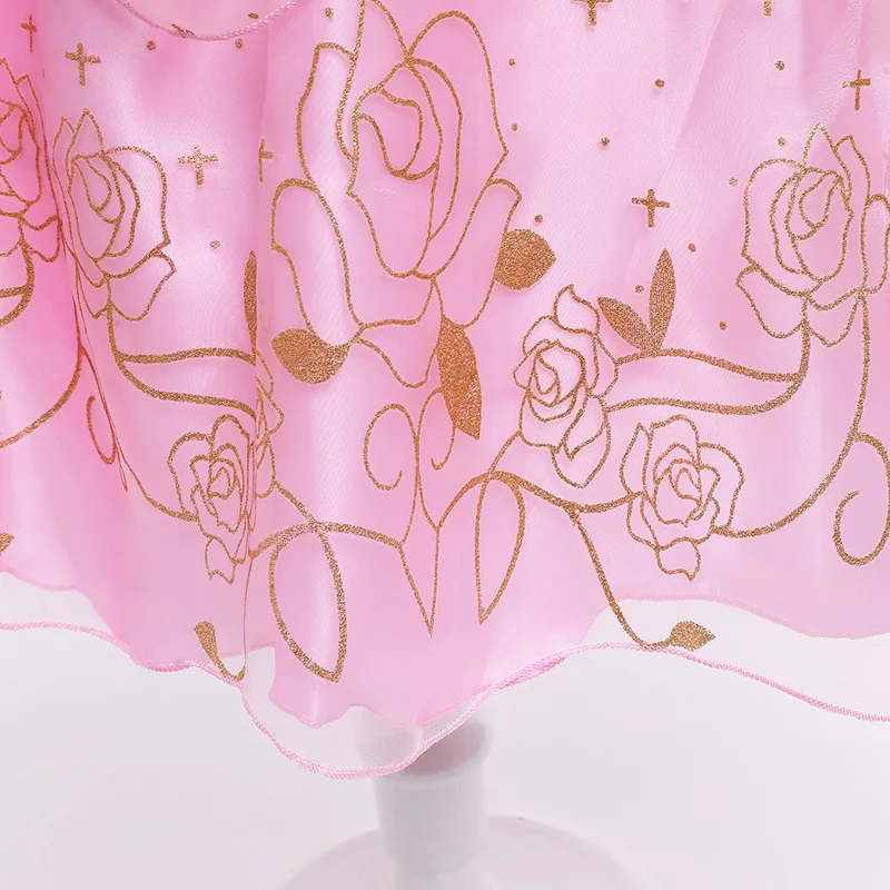 Disney Aurora Princess Dress for Girls Sleeping Beauty Cosplay Costume Summer Floral Rose Print Sling Dress Kids Elegant Gown