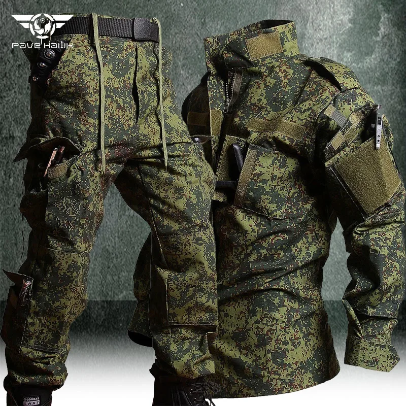 RU Camo Tactical Set Mens Wear-resistant Multi-pocket Training Jacket Outdoor Waterproof Hunting Cargo Pants Spring Working Suit