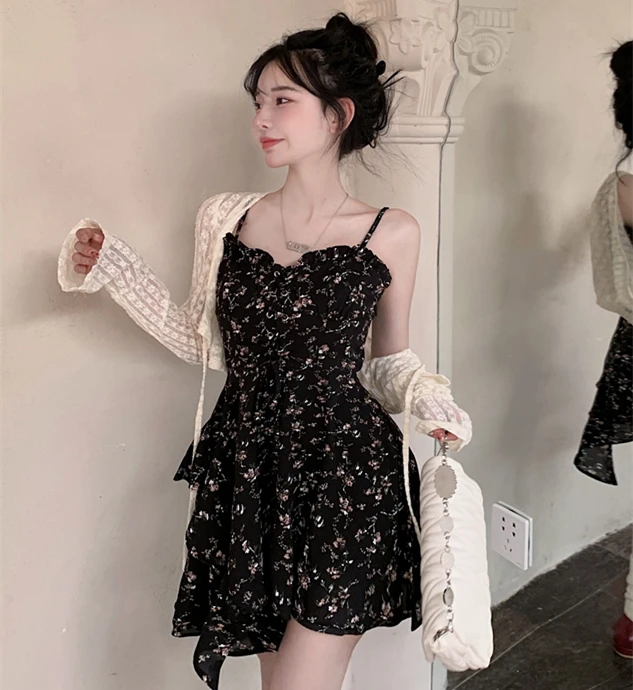 

plus Size k Romantic Uneven Hem Chiffon Floral Print Strap Dr Two Piece Set Women's Faion Summer Dr Sweet Fit