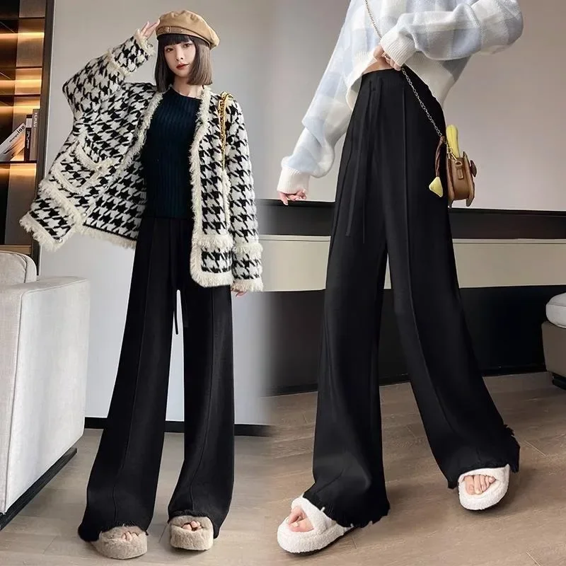 

Korean Style Sweatpants Women Autumn Winter New Fashion High Waisted Drawstring Pants Casual Knitted Straight Trousers Women