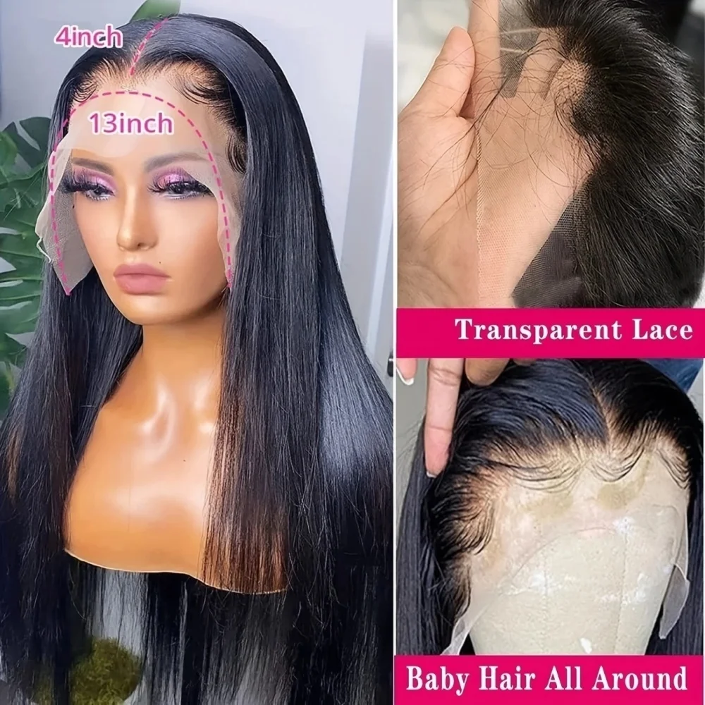 Perruque Lace Frontal Wig naturelle lisse, couleur naturelle, 13x4, densité 220%, 30 pouces, pre-plucked, pour femmes, 1B