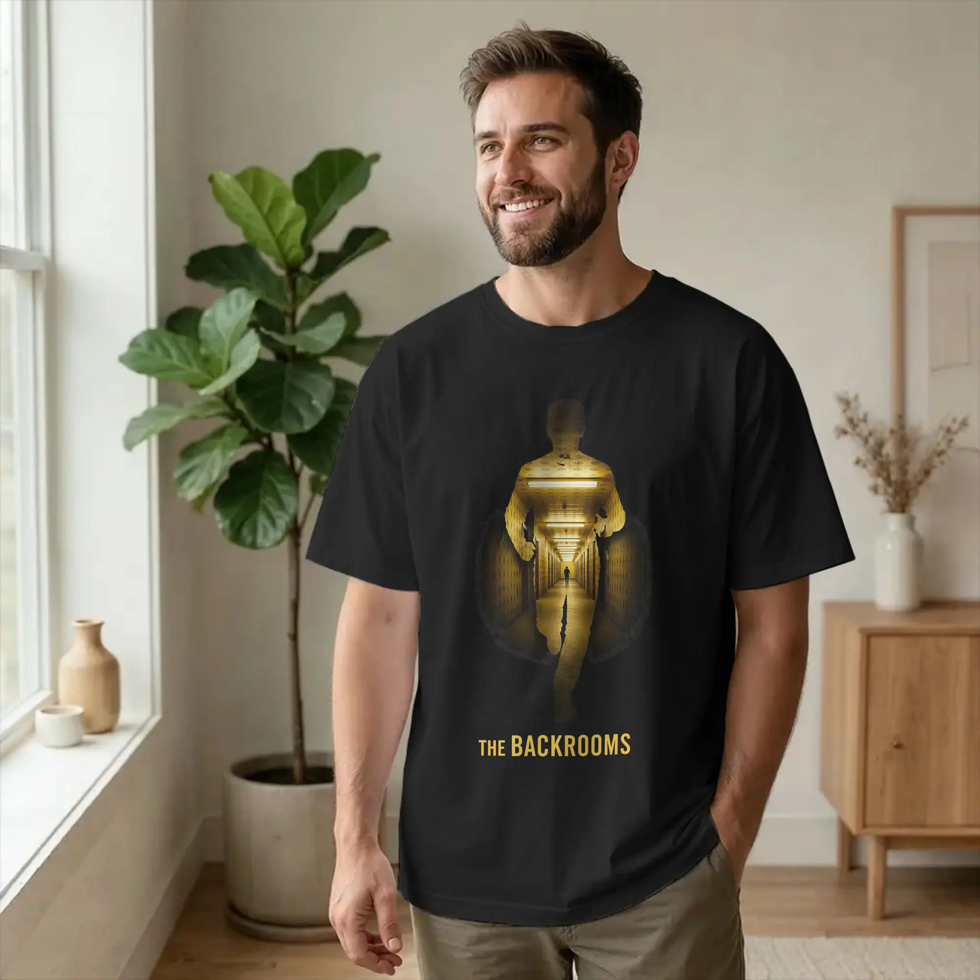 T-shirt Vintage Back-Rooms Infinite Yellow Hallway pour hommes, col rond, 100% coton, t-shirt classique à manches courtes