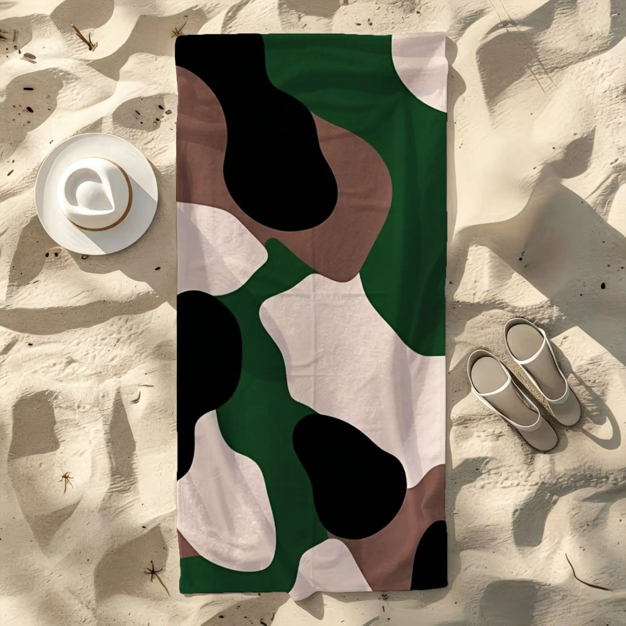 Green Brown White Irregular Blob Abstract Camo Pattern Beach Towel Lightweight Sand Proof Bath Towel For Minimalist Outdoor