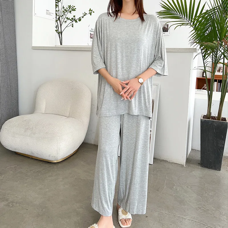 

Spring Summer Modal Pajamas Sets for Women 2pcs Plus Size Casual Homewear Relaxed Fit Solid Color Lady's Loungewear Pants