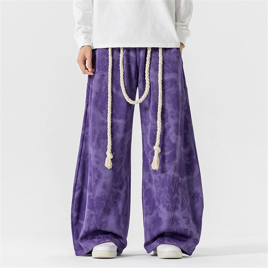 Streetwear Harajuku Tie Dye Pants Men Baggy Pants Rope Design Stretch Waist Trousers Male