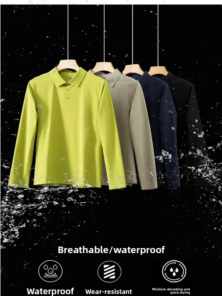 

New American Sle Ice Silk Qui Dry Sl Sed Long Sve irt Men's Autumn Busin Sport Casual Collar T-irt