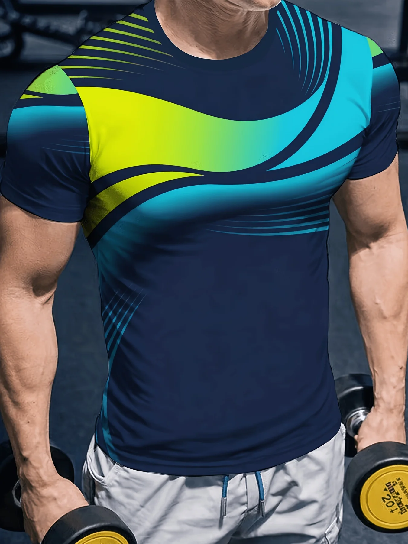 Men High Elastic Quick Dry Sports Compression Shirt Gradient Curve Line Print Short Sleeve Gym Running Training Workout Top view 3