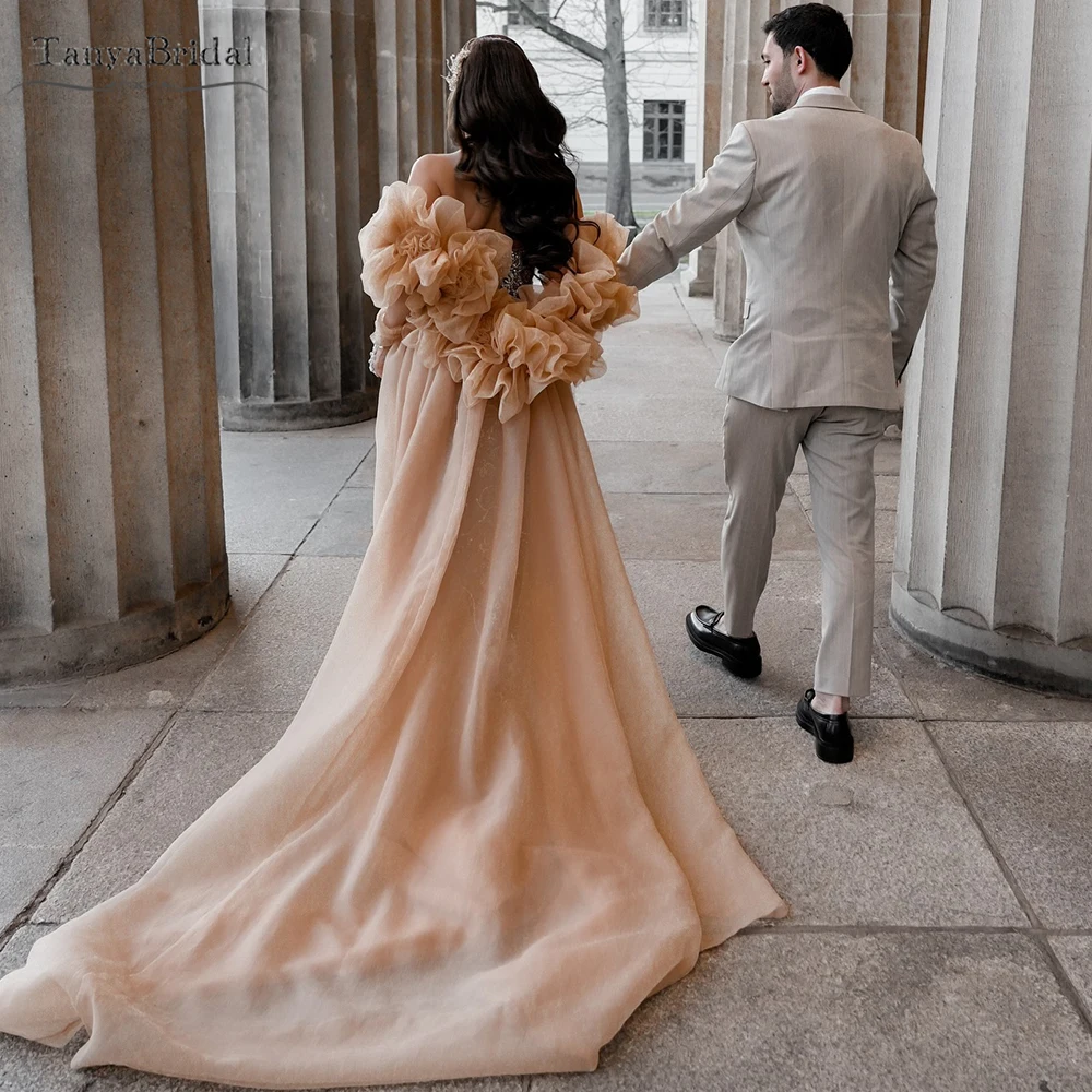 

Champagne tulle Wedding Cape With 3D Flowers And Long Train ,Women Evening Wear DJ466