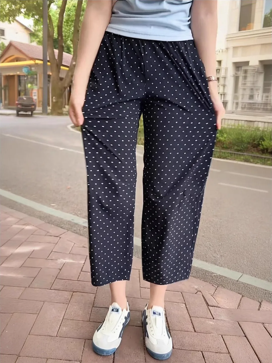 

Быстросохнущие спортивные брюки из ледяного шелка в горошек с высокой талией, укороченные, тонкие, больших размеров, для стройных фигур, эластичные, повседневные, для женщин