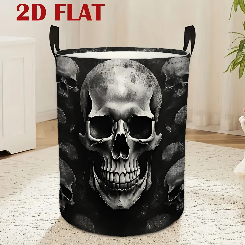 A Round Laundry Basket Featuring Dark Themed Skull Design with Gothic 2D Graphic It Has a Large Capacity Is Foldable