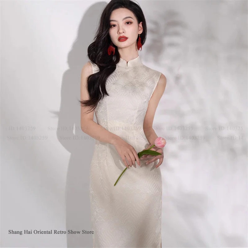 中国風の女性のドレスエレガントなロングチャイナドレスヴィンテージ伝統的なジャカードサテン袍セクシーなスリムドレス東洋服