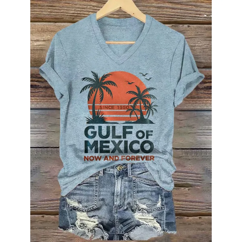Women's Short Sleeved T-shirt Casual V-neck Summer Top Gulf of Mexico Japanese Printed T-shirt Hot New