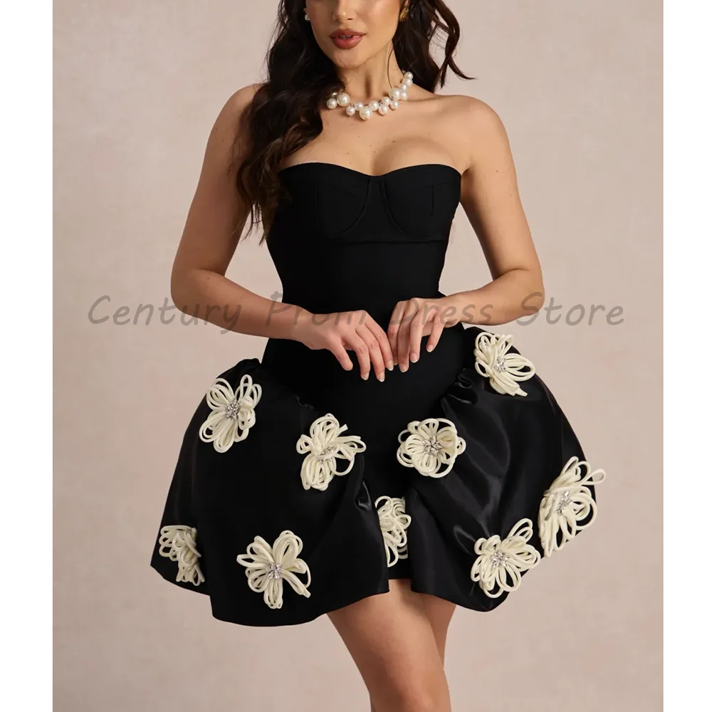 

Black Strapless Mini Dress 2026 Luxury 3D Flower Applique Bandage A-Line Cocktail Party Gown For Women