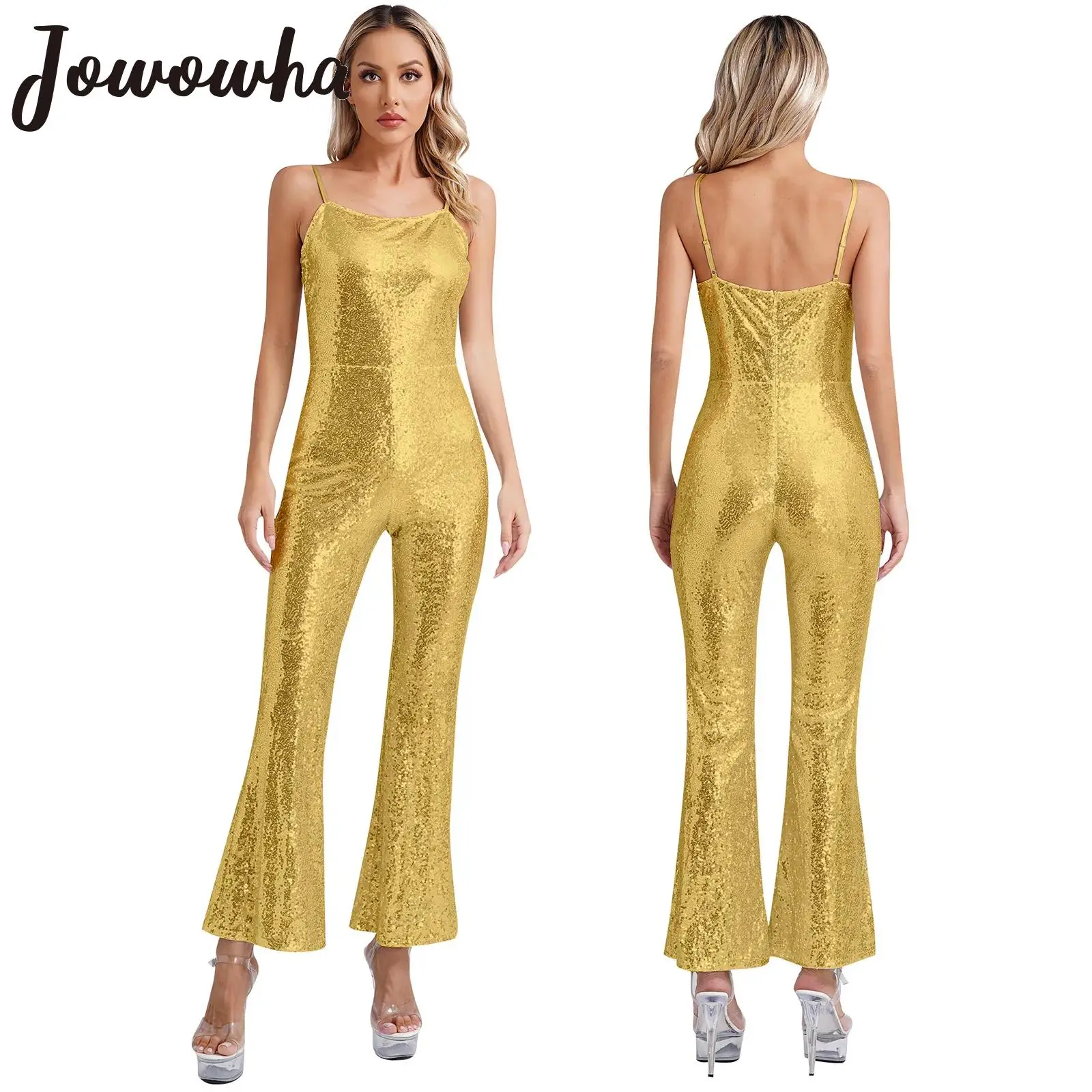 Womens Shiny Sequin Jumpsuit Rompers Spaghetti Straps High Waist Wide Leg Flare Pants Bodysuit Rave Disco Party Dancing Clubwear