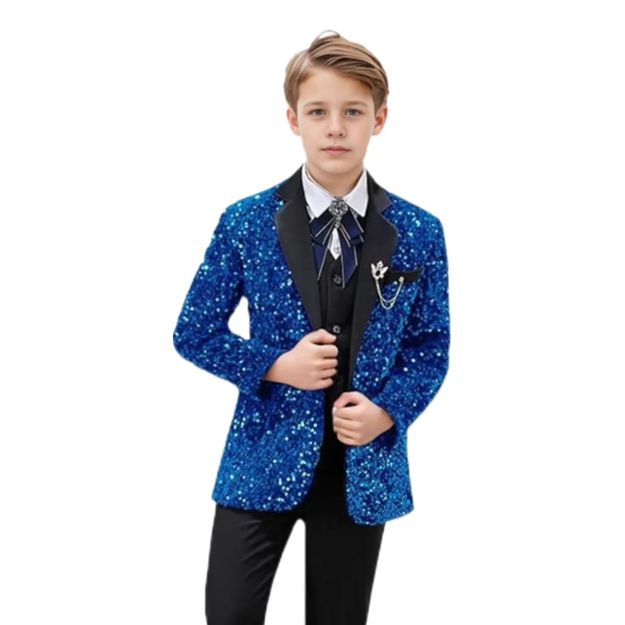 

Shiny Sequin Boy Suit Tuxedos Luxury Stylish Party Blazer Vest Pants 3 Pieces Elegant Stage Performance Costumes For 3-16 Years