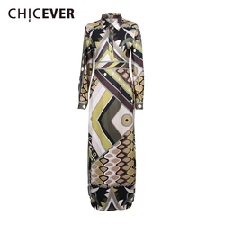 CHICEVER Hit Color Spliced Buttons Dresses for Women Laple Slimming Long Sleeve High Waist Chic Desinger Maxi Dress Female New