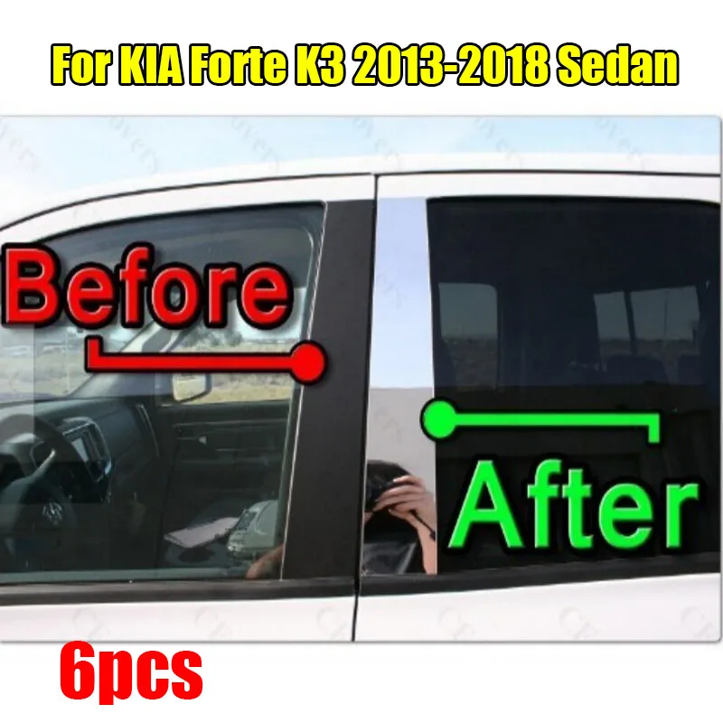6PCS Chrome Pillar Trim Door Cover Mirrored Post For KIA Forte K3 2013-18 Sedan