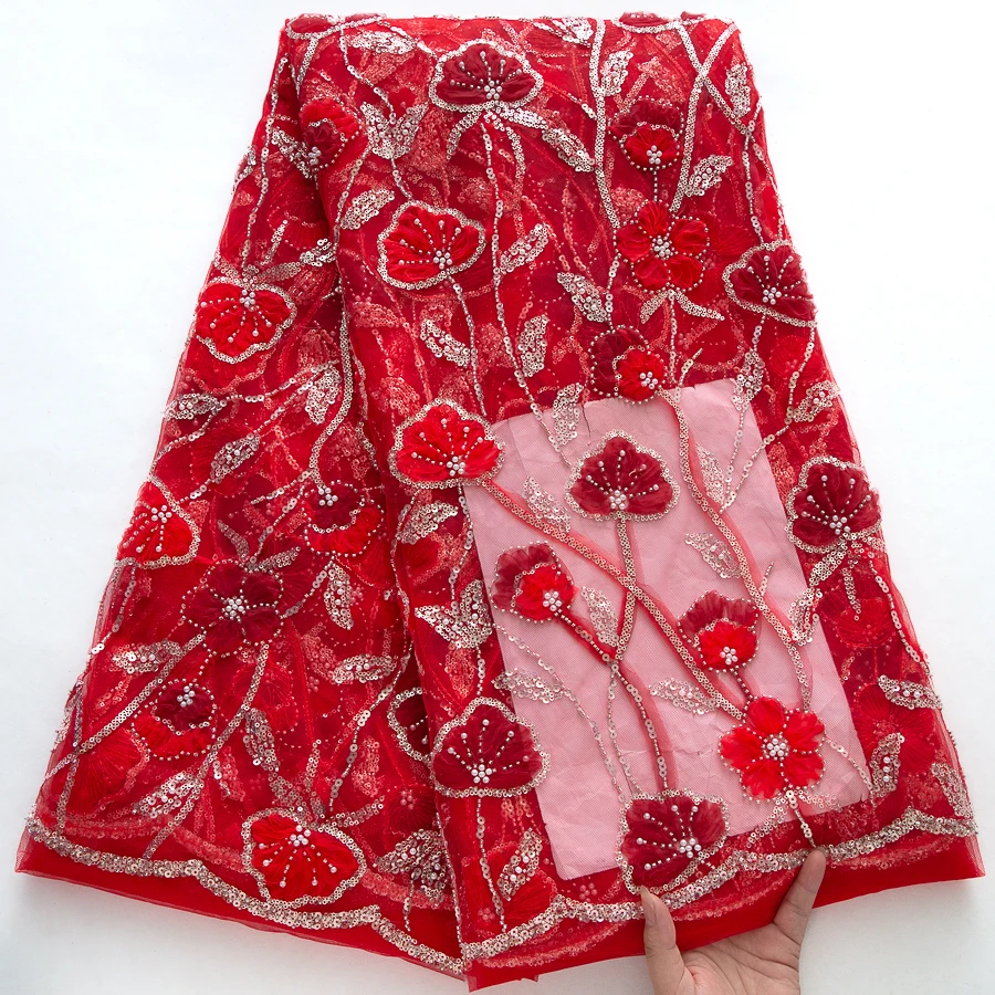 ​ Französischer Tüll-Spitzenstoff mit 3D-Blumenstickerei – handverzierte Pailletten und Perlendetails für Brautkleider, Abendkleider