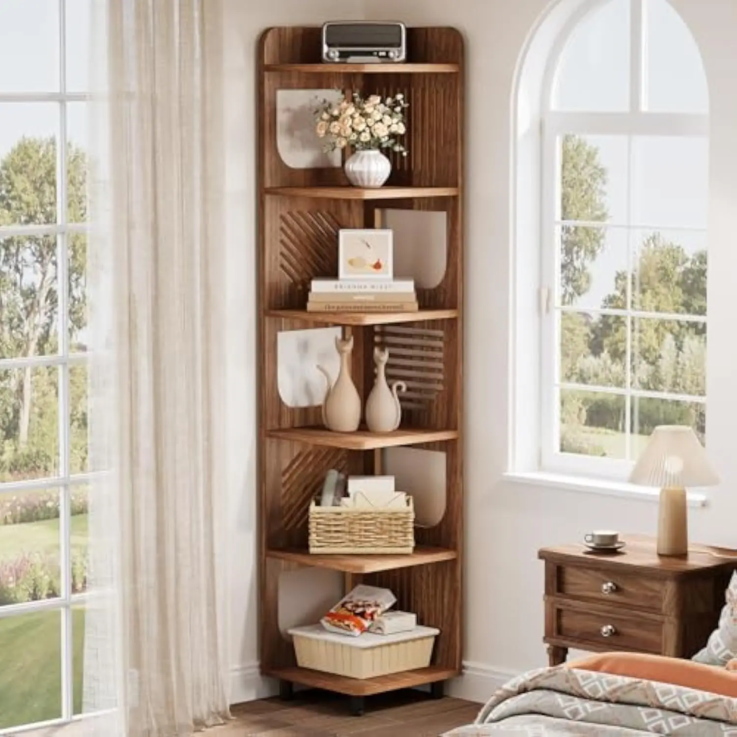 

6-Tier Corner Shelf Stand, 71 英寸 Rustic Tall Narrow Corner Bookshelf Bookcase with Storage Rack, Corner Plant Stand Display