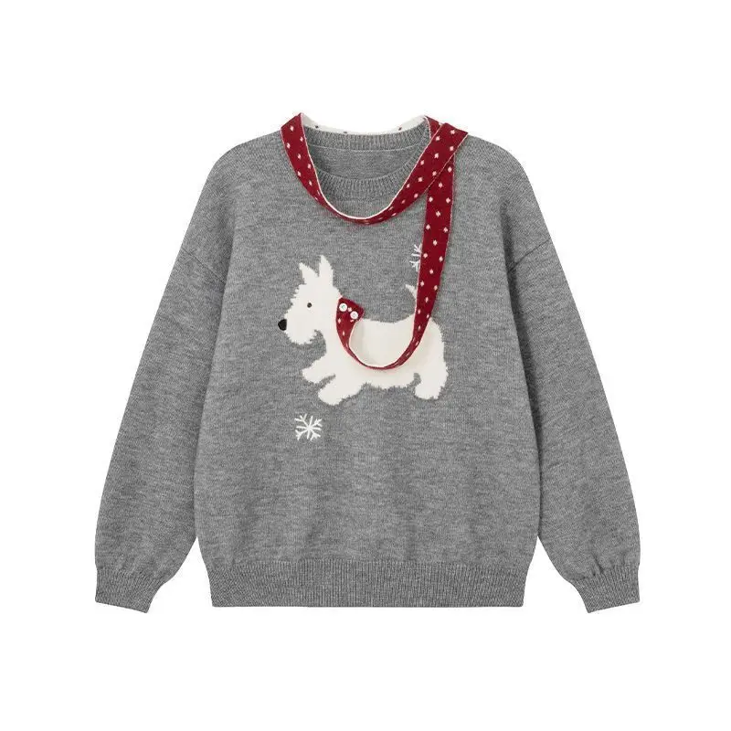 

Y2k Korean Long Sleeve Sweater Doggy Embroidery Patchwork Slim Knitwear Pullover Kawaii Spring Autumn Sweet 2025 New Arrival