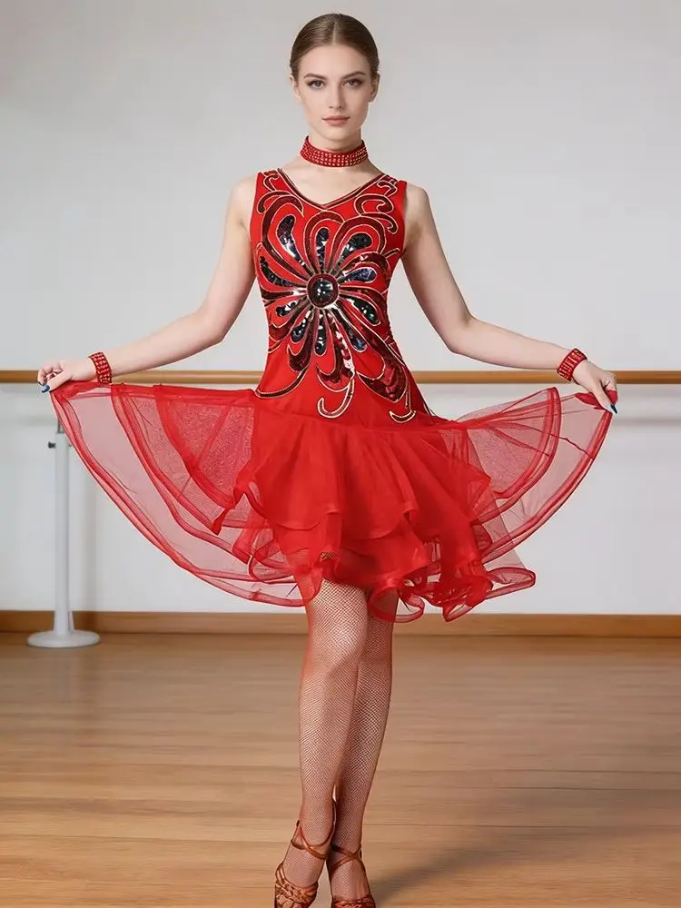 

Modern Latin Dance Dress Women Sequins Mesh Choker Bracelet Set Samba Rumba Jazz Costume