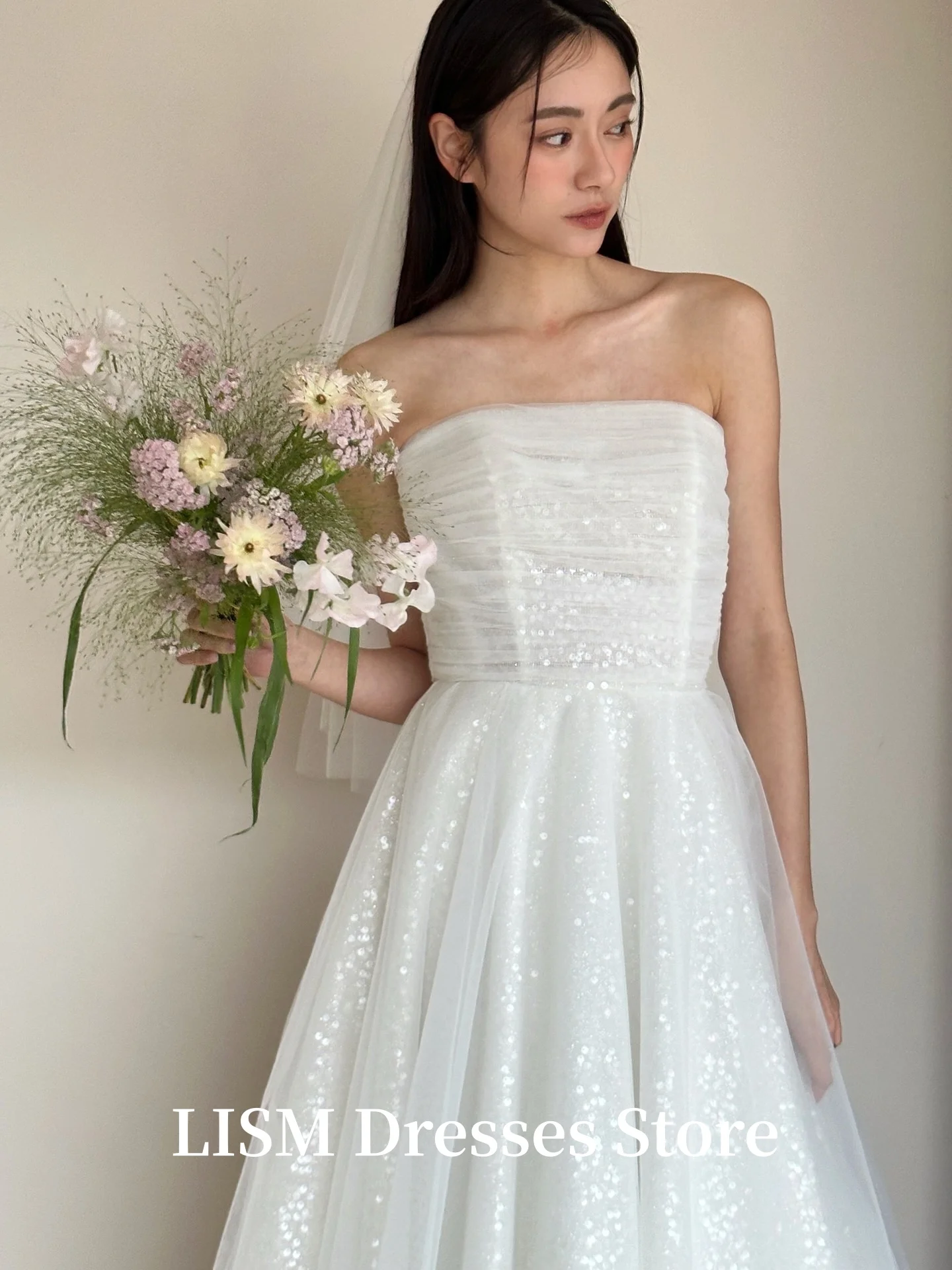 LISM Strapless Simple A-Line Korea Wedding Dresses With Shawl Silk Tulle Bridal Gowns Photo Shoot Customized 웨딩드레스 Corsets