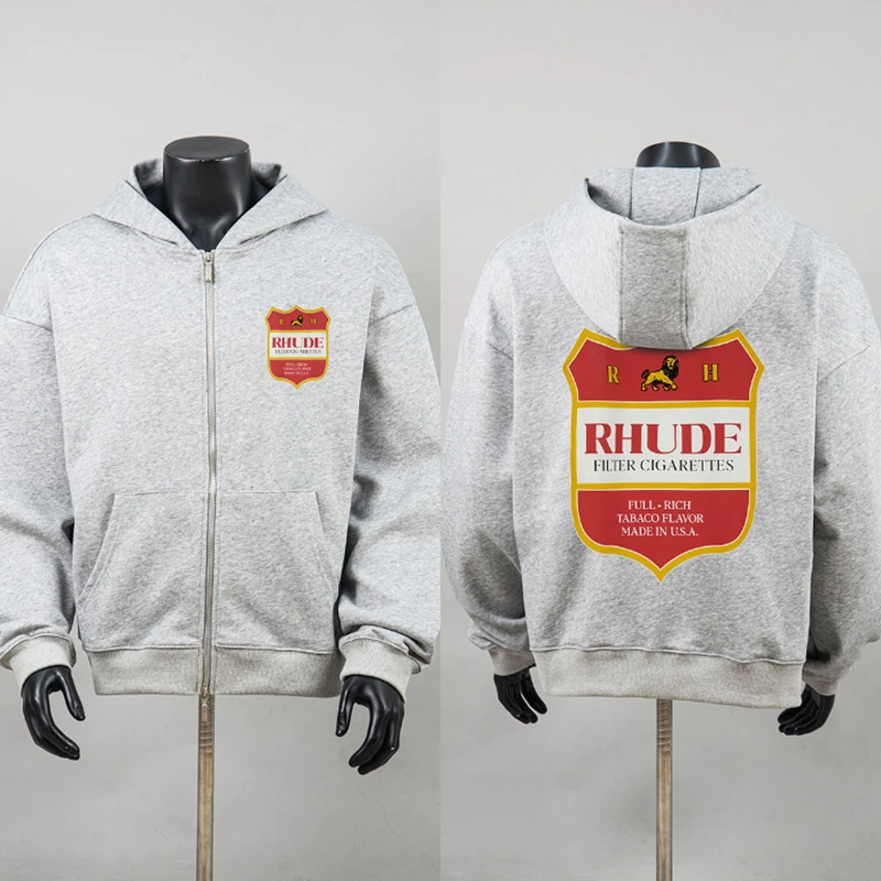 RHUDE Men Full Zip Hoodie Shield Badge Print Graphic Kangaroo Pocket Streetwear Sweatshirt