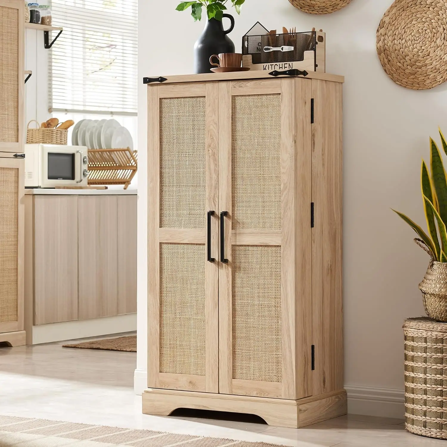 

47" Kitchen Pantry with Rattan Doors, Storage Cabinet with Organizer and Adjustable Shelves, Wood Cupboard for Kitchen