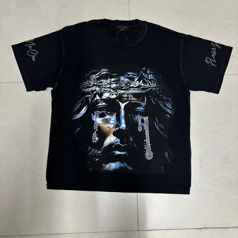 Herren Oversize T-Shirt Lustige Kleidung Strass Jesus-Weinen Grafik-Tee Streetwear Hip Hop Y2K Lässiges Kurzarm-Oberteil aus Baumwolle – Detail 5
