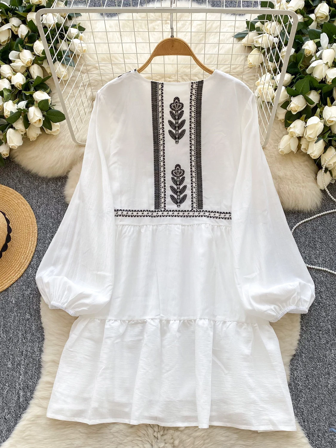 Ele Sweet Embroidered Heavy Work Loose Fitting Lantern Sve V Ne a Line  Dr for Women Spring Commute Sle