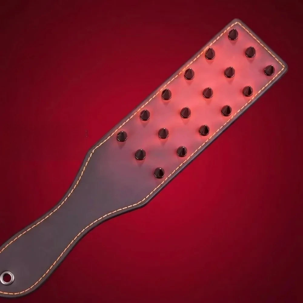 Spiked Leather Spanking Paddle for BDSM Punishment | Long Handle Rivet Whip for Intense Pain | Heavy Duty Impact Adult Play Toy