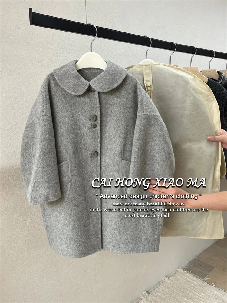 Girls Autumn Coat 2024 New Children Foreign Style High-grade Gray Medium Long Woolen Coat Korean Simple Style Fashion Clothes