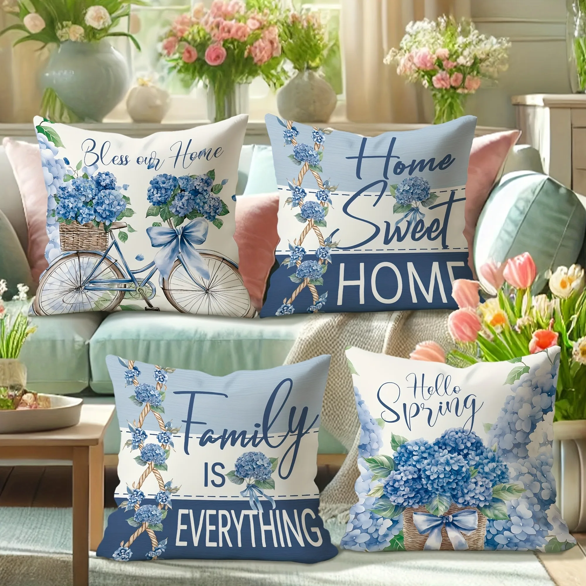 Hello spring blue floral pillow cover with bicycle bow pattern design, sofa and chair cushion cover, room decoration