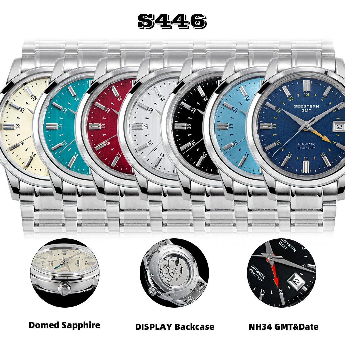 SEESTERN S446 Men Watch Automatic Mechanical Wristwatches NH34 GMT Movement 100m Waterproof Domed Sapphire Crystal Clock Limited