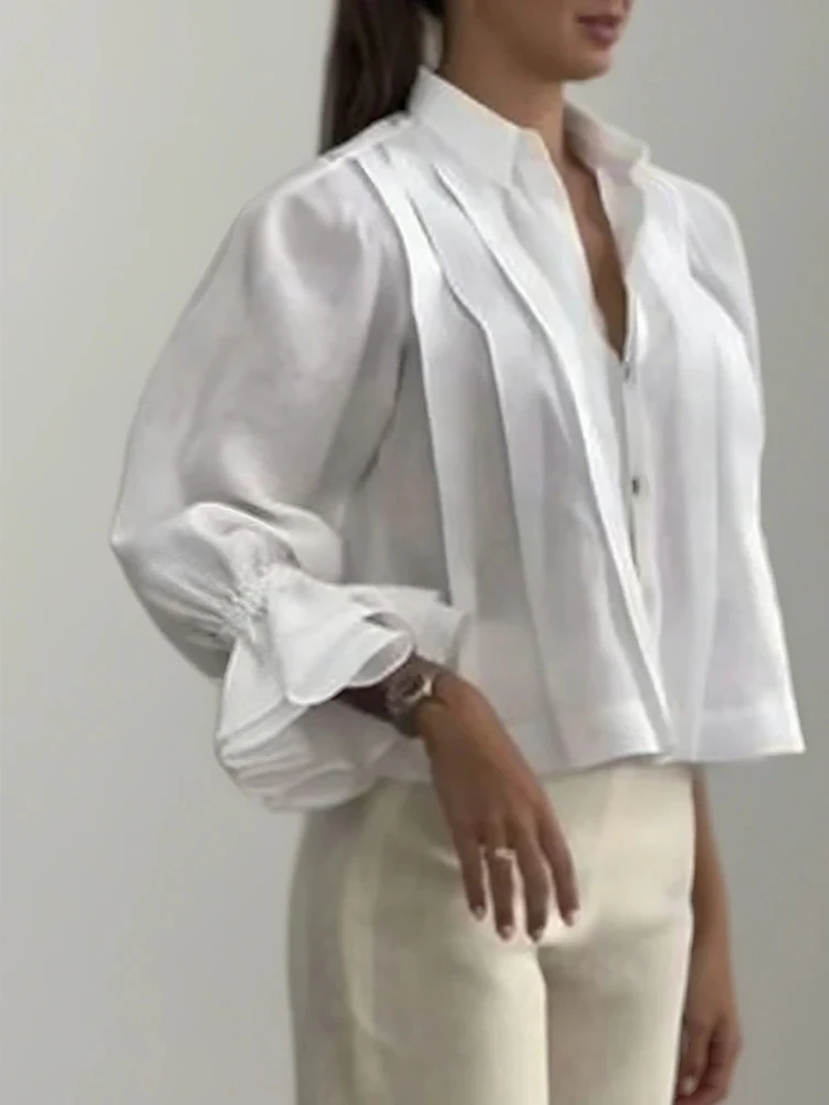 

Beautyblue Women's Lapel Shirts New White Folds Blouses Elegant Autumn Loose Lotus Leaf Sleeves Fashion Chic Female Casual Tops