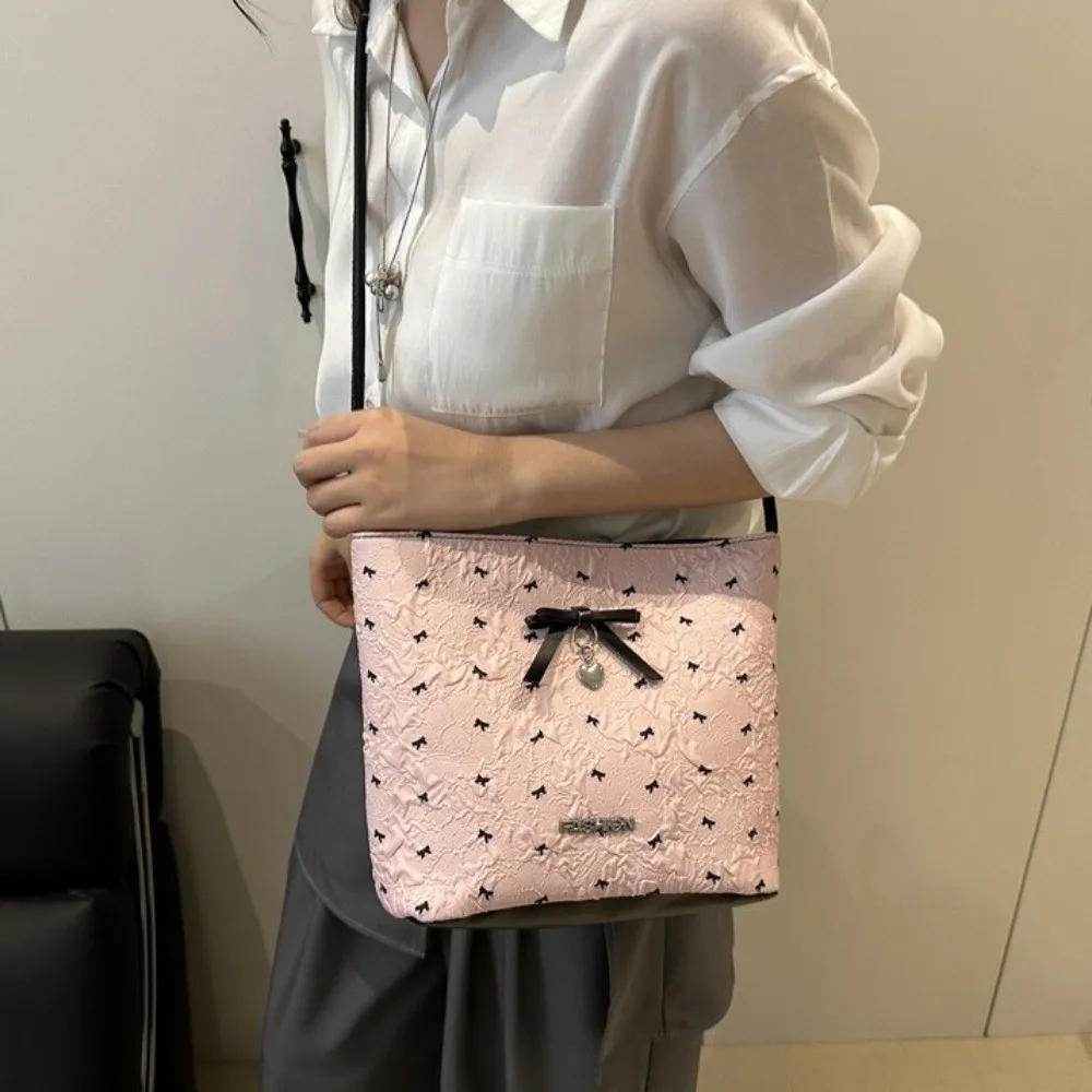 

Fashion Versatile Bow Bucket Bag Adjustable Strap Korean Style Crossbody Bag Single Shoulder Zipper Women's Handbag Gifts
