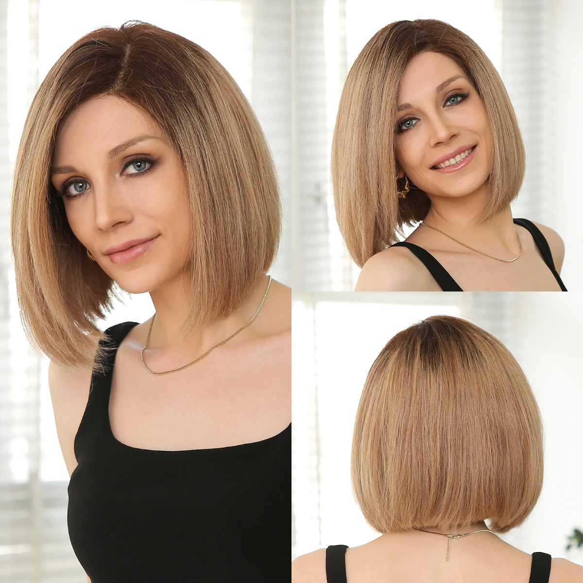 

Remy Human Hair Short Straight Bob Wigs for White Women Side Part Lace Frontal Wig Light Brown Ombre Wig 10inches Human Hair Wig