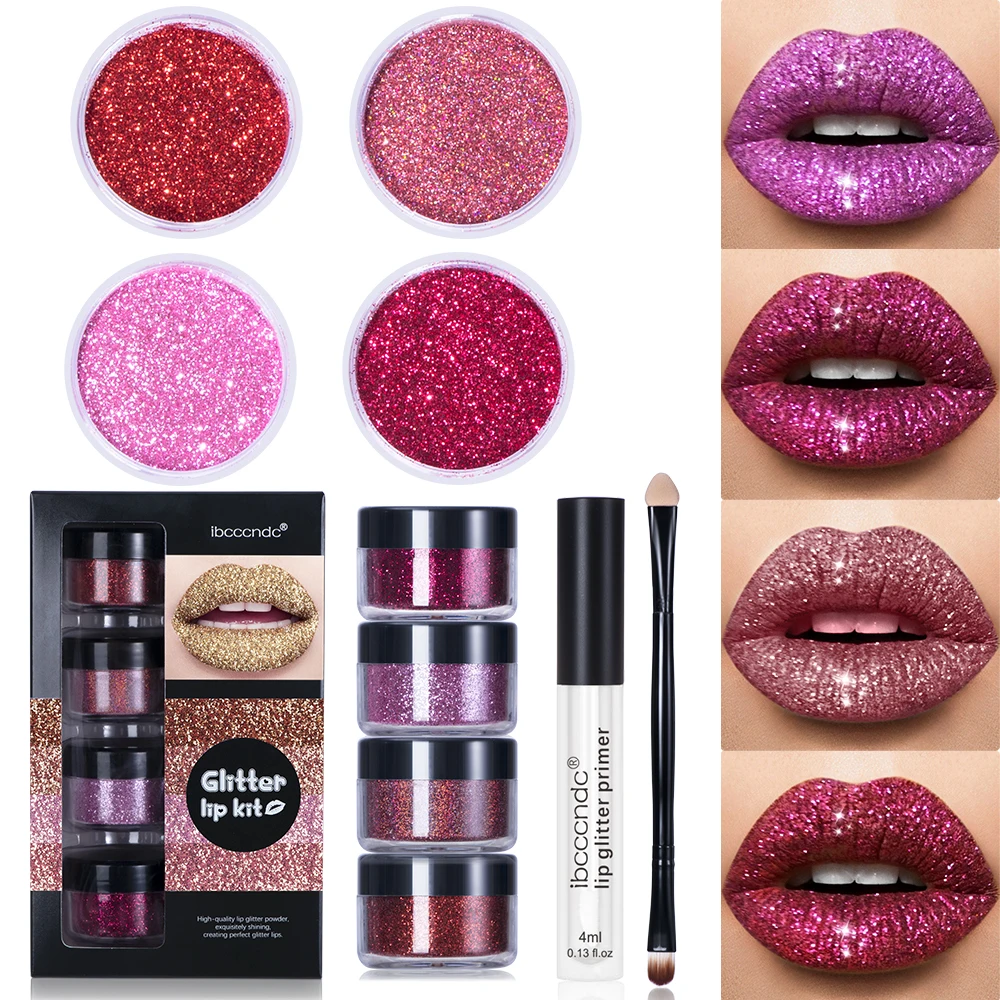 

4Color Glitter Lip Gloss Set, Diamond Metallic High Pigment Powder for Lip Makeup, Glitter Lip Makeup, with Lip Primer and Brush