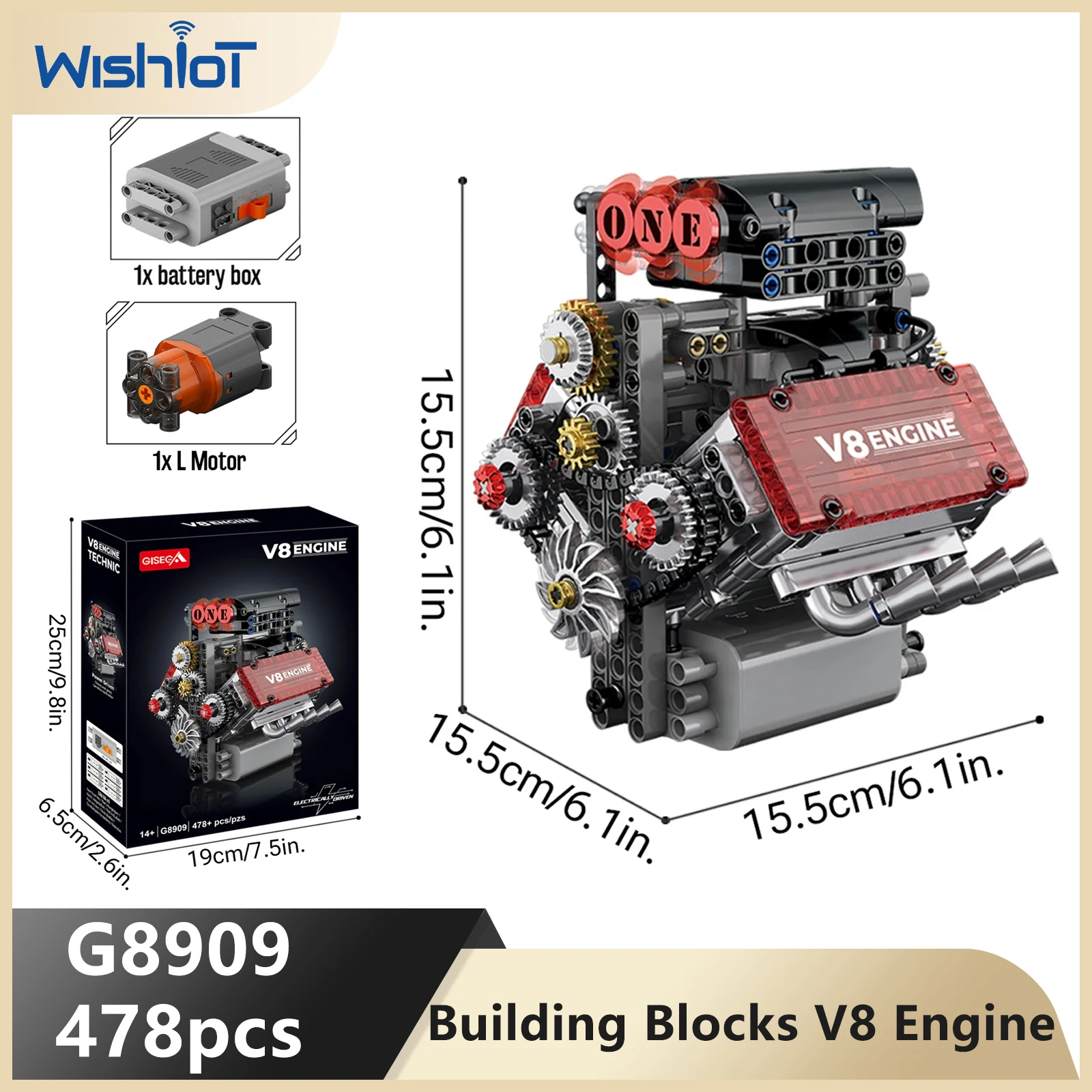 

478PCS V8 Engine Building Blocks Simulation Model Retro Tech Car Parts with L Motor AA Battery Box Cool Toy Kids Boys Adult Gift