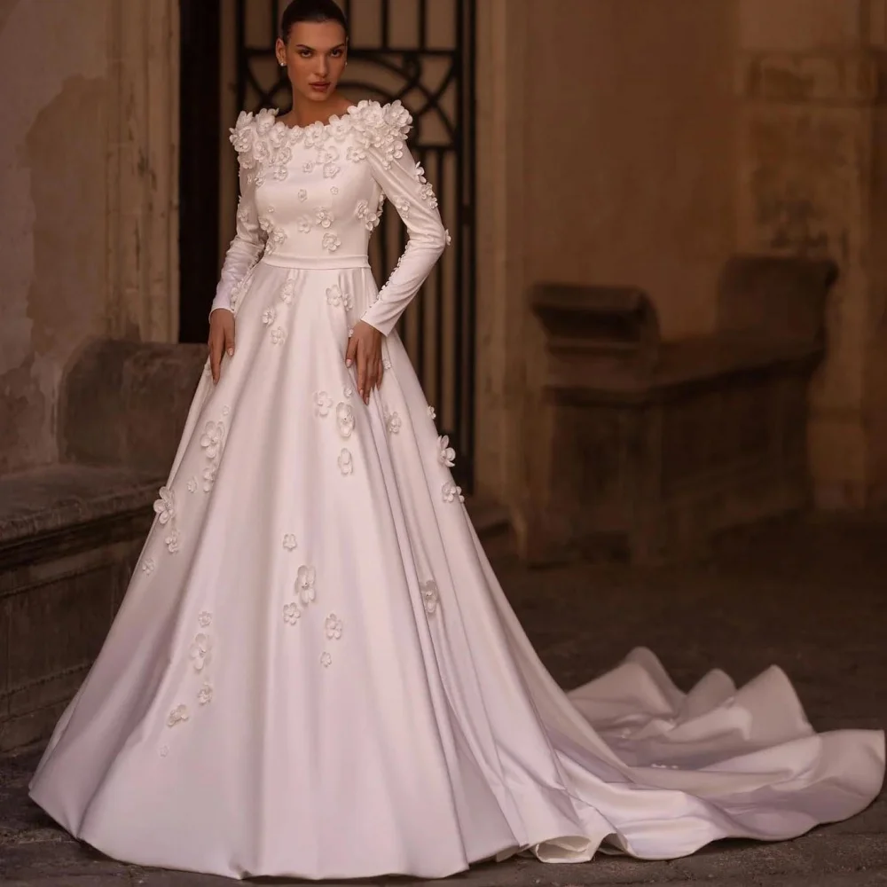 

A-line O-neck Wedding Dress Backless Long Sleeve Bridal Dress Customized Flower Applique Sexy Bridal Gown 2024 Vestidos De Novia