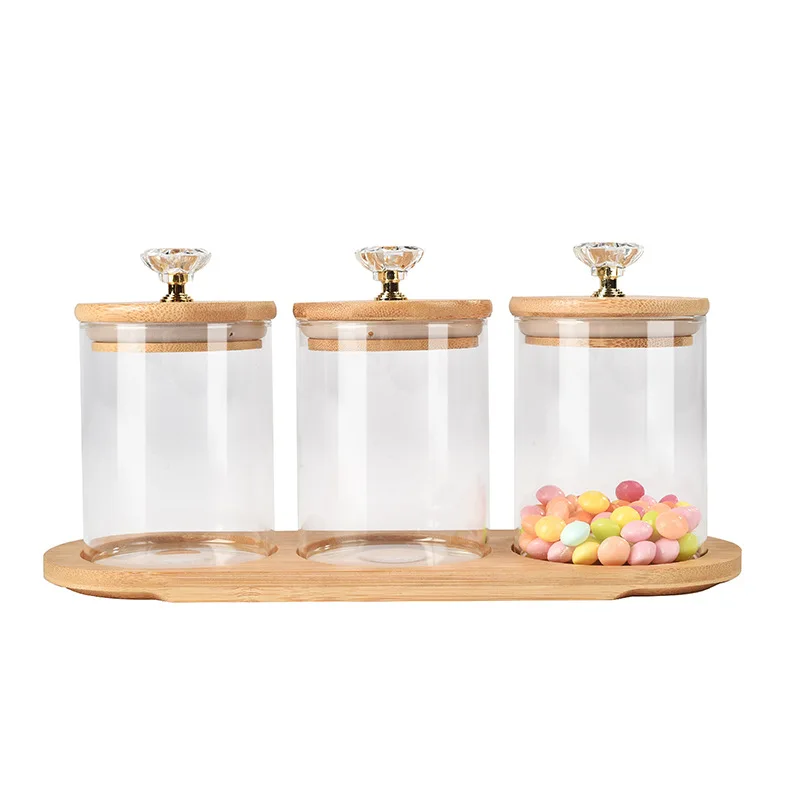 3pcs Glass Storage Canister, Square Food Storage Container Jar with handle, wooden lid, and tray, Stackable Kitchen Containers